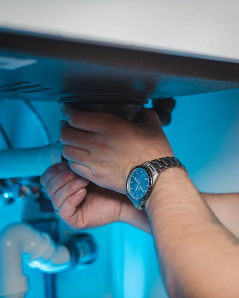 A plumber working on pipework under a sink